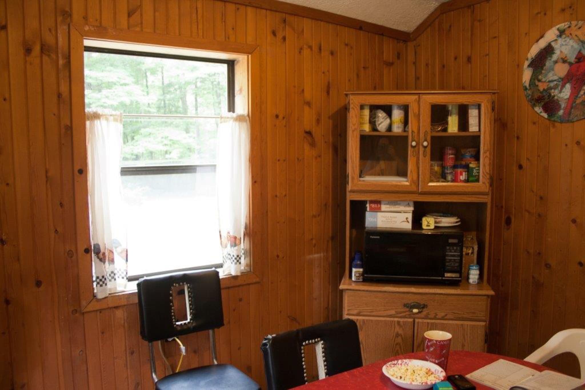 Lodge interior with stone fireplace